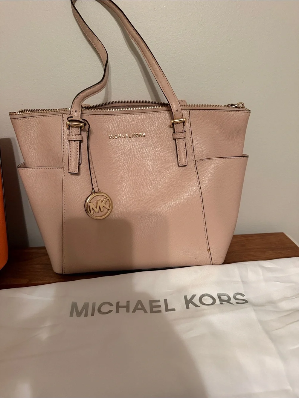 Michael Kors Beige Leather Tote with Logo Charm - Picture 6 of 6